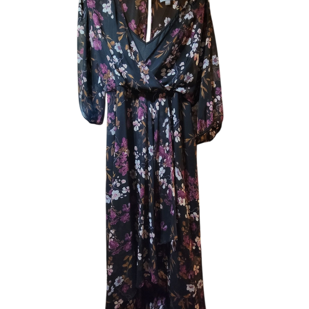 Calvin Klein Black and Purple Floral High Low Dress